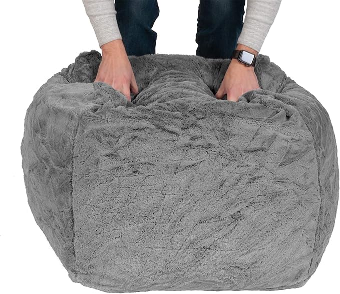 Furhaven Soft & Cozy Dog Bed for Large/Medium Dogs, Refillable w/ Removable Washable Cover & Liner, Up to 55 lbs - Plush Faux Fur Bean Bag Style Ball Bed - Gray Mist, Large, 23.6"L x 23.6"W x 23.6"Th