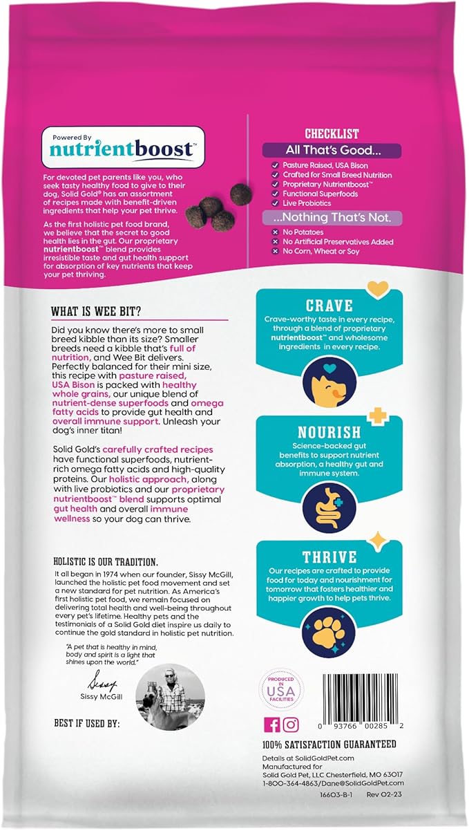 Solid Gold Small Breed Dog Food - Nutrientboost Wee Bit Whole Grain Made w/Real Bison, Brown Rice, & Pearled Barley - High Fiber, Probiotic Dry Dog Food for Dogs with Sensitive Stomachs - 11 LB