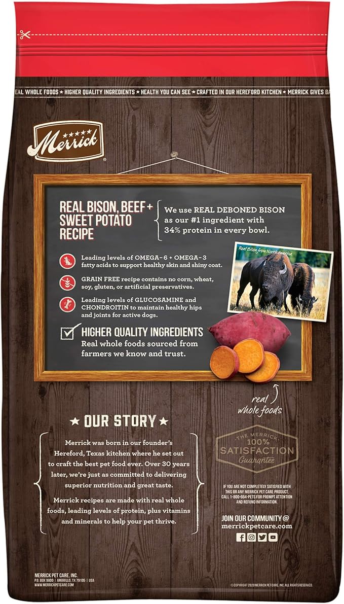 Merrick Dry Dog Food, Real Bison, Beef and Sweet Potato Grain Free Dog Food Recipe - 10 lb. Bag