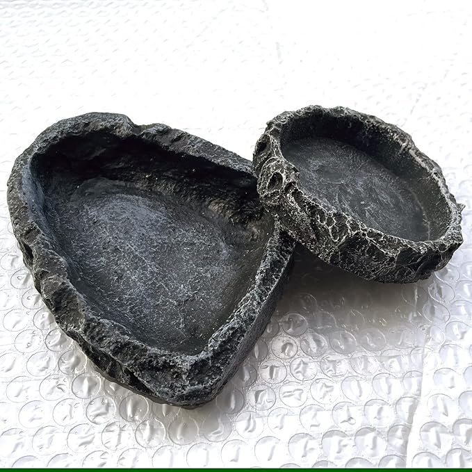 2 Pack Reptile Water Dish - Reptile Water and Food Bowls with Tongs Imitating Natural Rock,Breadworm Feeding for Leopard Gecko Lizard Spider Scorpion Chameleon (2Pcs Square+Round)