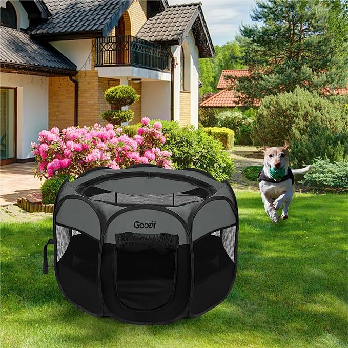 Portable Dog Playpen for Small Dogs, Collapsible Pet Cat Playpen Indoor outdoor with Zipper Top Cover (Small Size, Grey-Black)