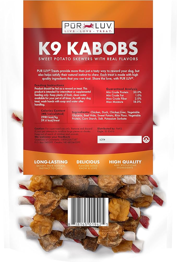 K9 Kabob Real Chicken, Duck, and Sweet Potato Dog Treats, Made with Real Chicken and Sweet Potato, Healthy, Easily Digestible, Long Lasting, and High Protein Dog Treat, 48 oz