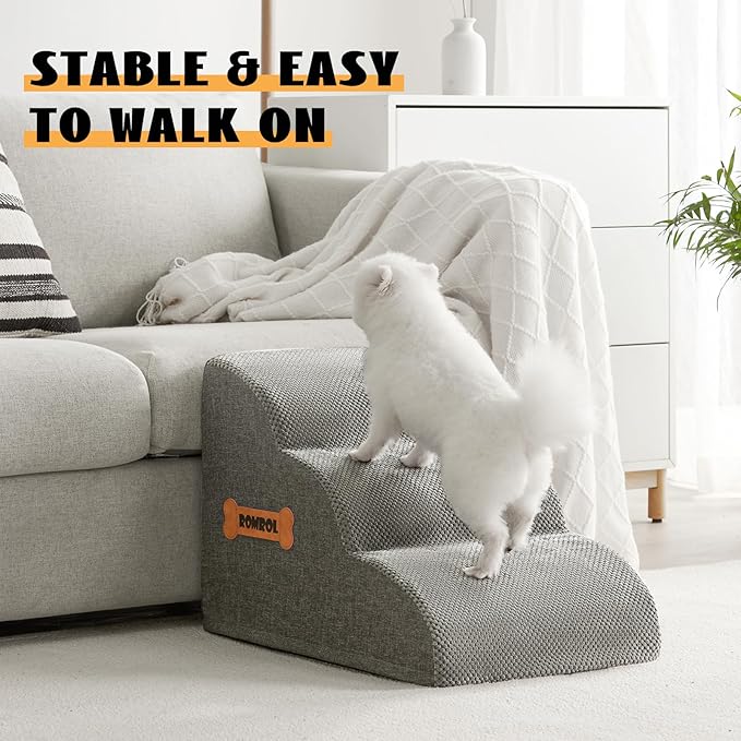 Dog Stairs Ramp for Bed, 15.7”H 3 Step Extra Wide High Density Memory Foam Pet Steps for Small Dogs puppy Cats, with Durable Non-Slip Waterproof Fabric Cover, Dog Slope Stairs Steps, Grey