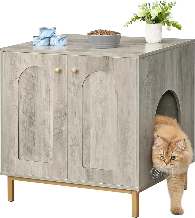 Cat Litter Box Enclosure, Hidden Litter Box Furniture, Wooden Pet House Side End Table, Storage Cabinet Bench, Fit Most Cat and Litter Box, Living Room, Bedroom, Greige and Gold CB81205G