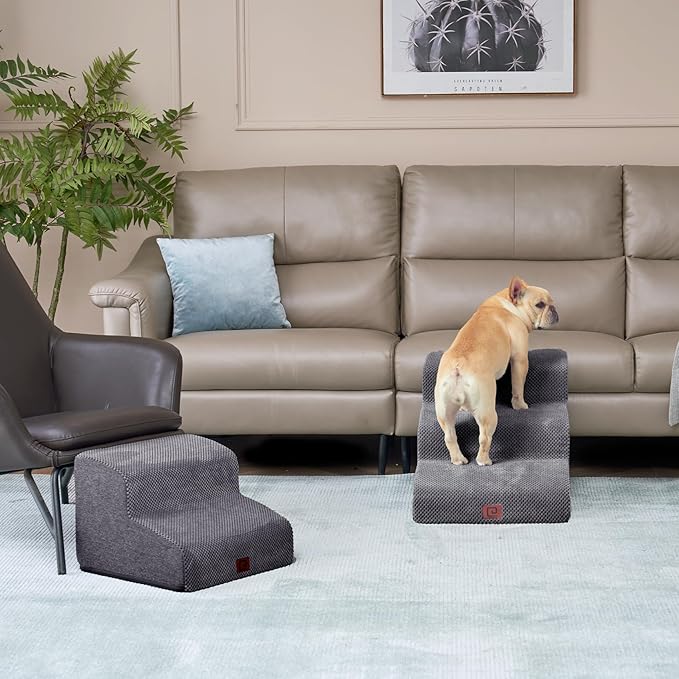 EHEYCIGA Curved Dog Stairs for Small Dogs 15.7" H, 3-Step Dog Steps for Couch Sofa and Chair, Pet Stairs for Cats, Non-Slip Balanced Pet Steps Indoor, Grey