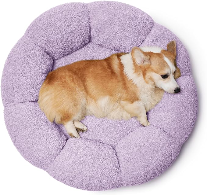 Lesure Calming Large Dog Bed - Flower Donut Round Fluffy Puppy Bed in Plush Teddy Sherpa, Non-Slip Cute Flower Dog Beds, Large Pet Bed Fits up to 100 lbs, Machine Washable, Purple 36"