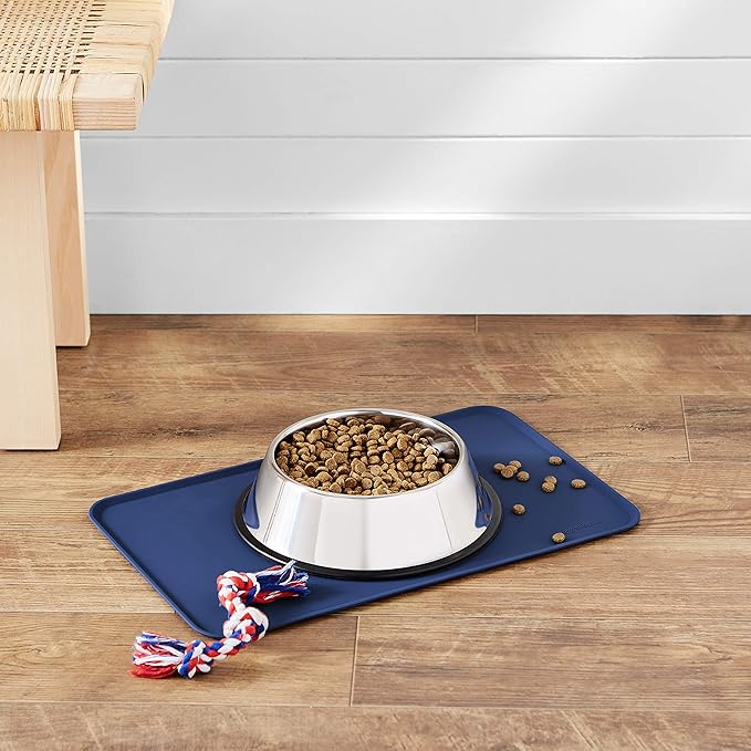 Amazon Basics Waterproof Anti-Slip Silicone Pet Food and Water Bowl Mat, Solid, 18.5 x 11.5 Inches, Blue