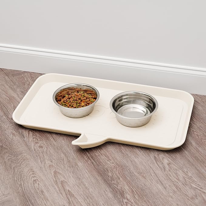 IRIS USA Waterproof Dog Food Mat, Sturdy Plastic, 28"x 14.5" Inner Tray Area, Extra High Lip for Spill-Proof, Non-Slip Rubber Feet, Easy Clean, for Cat Dog Food Bowls & Water Fountains,"WOOF" Ivory