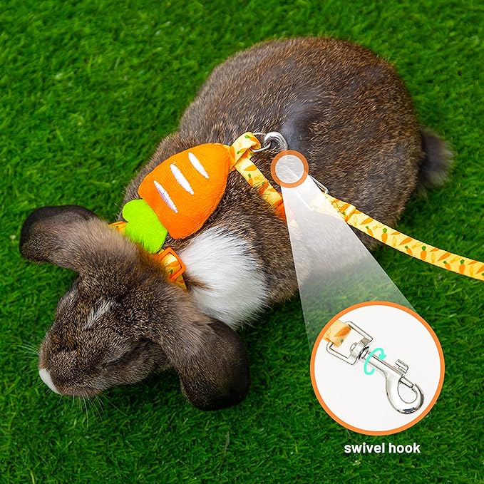 Rabbit Harness and Leash - Adjustable Bunny Harness Escape Proof for Walking Runnig Hiking Camping Outdoor - Yellow Carrot Pattern Cute Small Animal Harness Leash Set