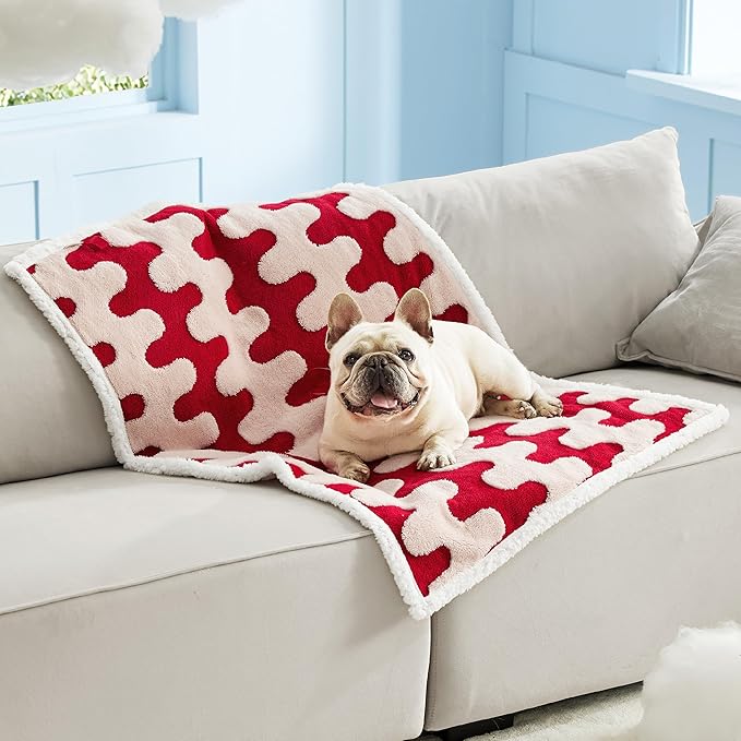 Lesure Waterproof Dog Blanket for Medium Dogs - Washable Double Sided Dog Blankets with Warm Jacquard Shag and Soft Sherpa Fleece, Pet Cat blanket for Couch Protection, 3D Textured Wave, Red