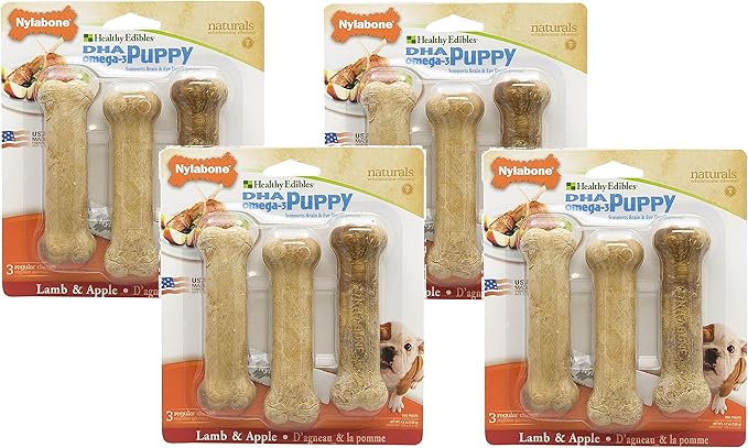 Nylabone 12-Count Healthy Edibles Lamb and Apple Flavored Puppy Dog Treat Bones, Size Regular - (4 Packs with 3 per Pack)