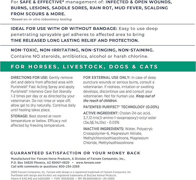 Farnam PuriShield Horse Wound Care, Intensive Care Gel Promotes Healing, Long Lasting Relief and Protection 12 Ounces