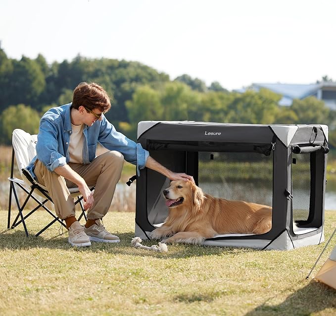 Lesure Collapsible Dog Crate - Portable Dog Travel Crate Kennel for Extra Large Dog, 4-Door Pet Crate with Durable Mesh Windows, Indoor & Outdoor (Charcoal Gray)