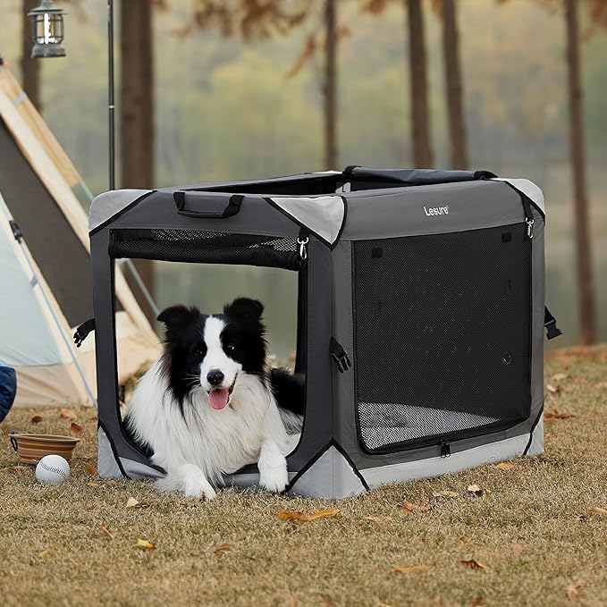 Lesure Collapsible Dog Crate - Portable Dog Travel Crate Kennel for Large Dog, 4-Door Pet Crate with Durable Mesh Windows, Indoor & Outdoor (Charcoal Gray)