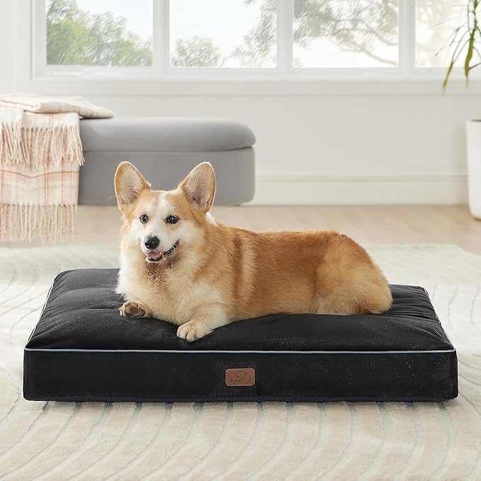 Bedsure Waterproof Large Dog Bed - 4 inch Thicken Up to 80lbs Large Dog Bed with Washable Cover, Pet Bed Mat Pillows, Black
