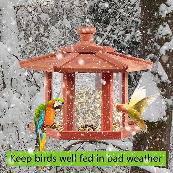Wild Bird Feeders for Outdoor Hanging,Hexagon Shaped Bird Feede,USA Cedar, Hollow Mesh Tray,Easy to Clean & Refill