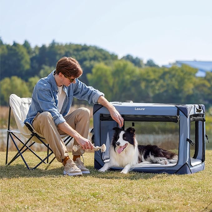 Lesure Collapsible Dog Crate - Portable Dog Travel Crate Kennel for Large Dog, 4-Door Pet Crate with Durable Mesh Windows, Indoor & Outdoor (Blue)