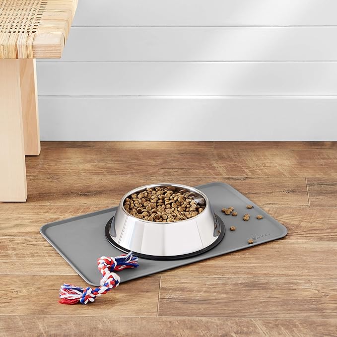 Amazon Basics Waterproof Anti-Slip Silicone Pet Food and Water Bowl Mat, Solid, 18.5 x 11.5 Inches, Gray - Pack of 2