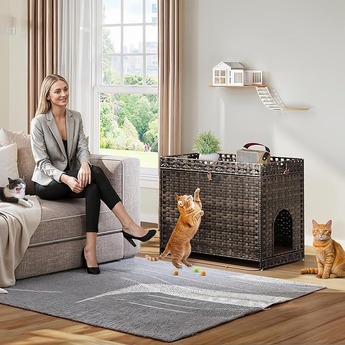 YITAHOME Cat Litter Box Enclosure with Soft Litter Mat, Hidden Litter Box Furniture Large Handwoven Rattan Cat House with Support Bars for Living Room, Bedroom, Balcony (Brown)