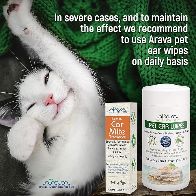 Arava Natural Ear Mite Treatment for Cats and Dogs - Effective Ear Cleaning Drops for Cat and Dog Ear Mites and Prevent Infections - NOT for Cats Under 13 LBS & Puppies Under 9 Months