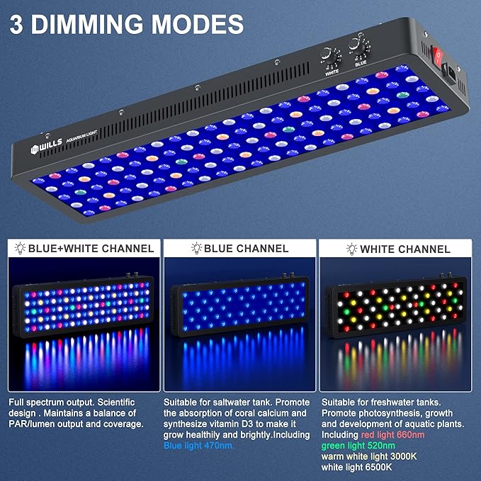 WILLS Aquarium Light, Dimmable Full Spectrum Fish Tank Light with 3 Dimming Modes & 105 Premium SMD Chips, 300W LED Aquarium Plant Light for Saltwater Freshwater Coral Reef (28"x8.5"x2.4")