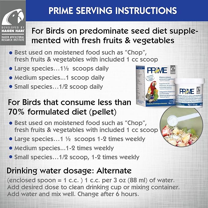Hari Hagen Prime Parrot Vitamin, Mineral and Amino Acid Supplement for Seed Eating Birds, 1.1 oz