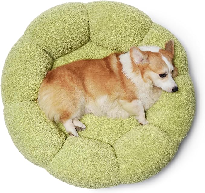 Lesure Calming Large Dog Bed - Flower Donut Round Fluffy Puppy Bed in Plush Teddy Sherpa, Non-Slip Cute Flower Dog Beds, Large Pet Bed Fits up to 100 lbs, Machine Washable, Green 36"