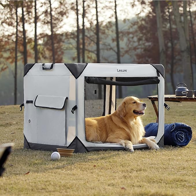 Lesure Collapsible Dog Crate - Portable Dog Travel Crate Kennel for Extra Large Dog, 4-Door Pet Crate with Durable Mesh Windows, Indoor & Outdoor (Light Gray)