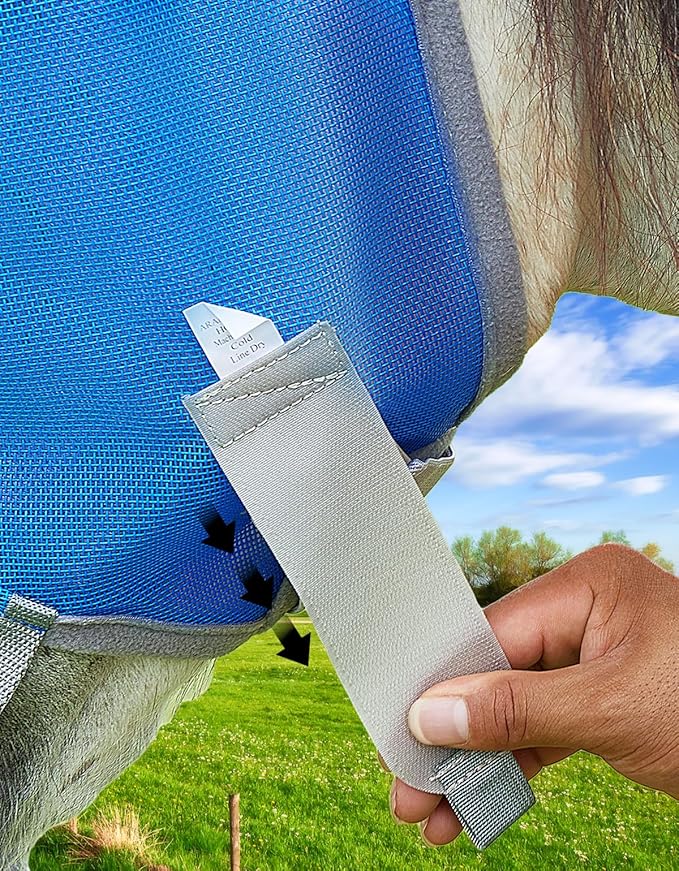 DEERFAMY Adjustable Horse Fly Mask, High-Quility Net Mesh Mask with Large Eye Space,Full Coverage, Soft & Gentle on Skin, No Ears but with Nose (Blue, XL)