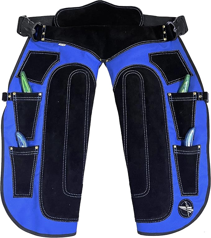 Rekhi 27'' Farrier Apron Chaps,1000 Denier Cordura and Suede Leather Farrier Apron, Farrier Chaps with 4 knife pockets and Nail Magnet in Blue 70Cm, Farrier Apron Chaps for Men