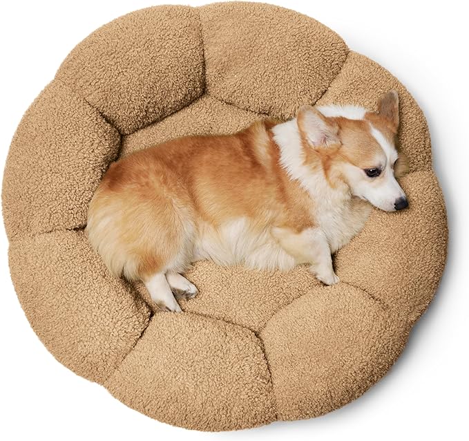 Lesure Calming Large Dog Bed - Flower Donut Round Fluffy Puppy Bed in Plush Teddy Sherpa, Non-Slip Cute Flower Dog Beds, Large Pet Bed Fits up to 100 lbs, Machine Washable, Camel 36"