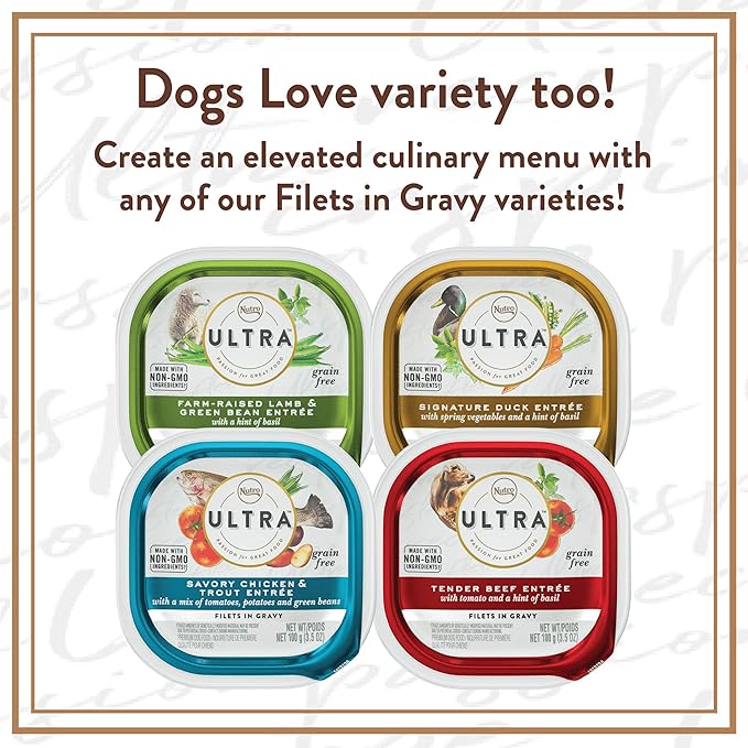 NUTRO ULTRA Grain Free Adult Soft Wet Dog Food Filets in Gravy Bistro Mix Variety Pack, 3.5 oz. Trays, Pack of 12