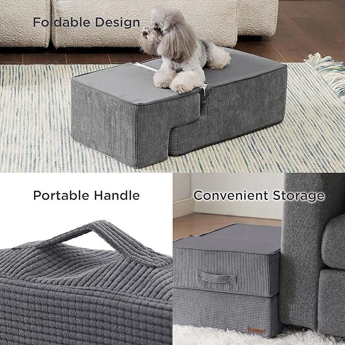 Lesure Dog Stairs for High Beds - Extra Wide Pet Stairs for Large/Medium/Small Dogs and Old Cats, Foldable Dog Steps with CertiPUR-US Certified Foam and Non-Slip Bottom, Grey, 4 Steps
