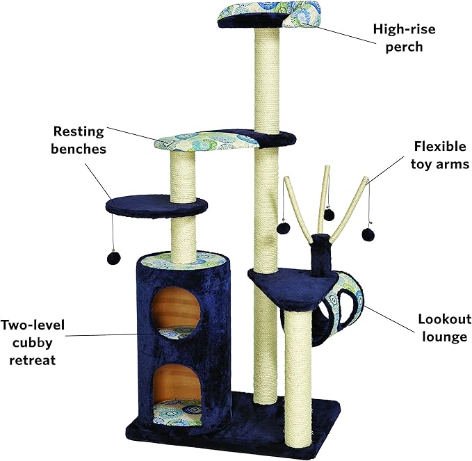 MidWest Homes for Pets Large Cat Tree, 5-Tier Sisal Wrapped Scratching Post, Blue/White Pattern, X-Large Size
