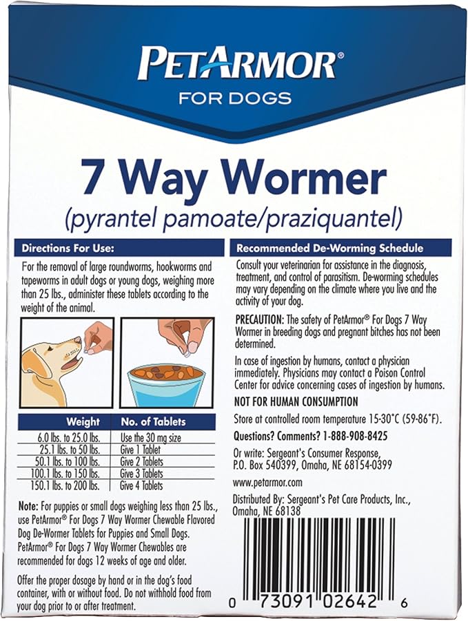 PetArmor 7 Way De-Wormer for Dogs, Oral Treatment for Tapeworm, Roundworm & Hookworm in Large Dogs & Puppies (Over 25 lbs), Worm Remover (Praziquantel & Pyrantel Pamoate), 2 Flavored Chewables