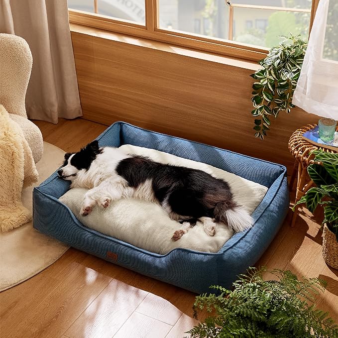 Bedsure Washable Dog Bed for Large Dogs - Waterproof All-Season Foam Dog Beds, Orthopedic Rectangle Cuddle Doggy Beds with Removable Zipper Cover, 36x27x10inches, Blue