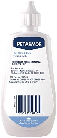 PetArmor Ear Mite Treatment for Cats, Ear Mite Medicine Kills Ticks and Ear Mites to Relieve Itchiness, Ear Mite Drops Sooths Ears with Aloe, 3oz