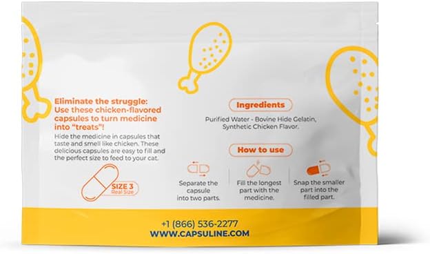 Capsuline PetCaps Size 3 Empty Gelatin Capsules for Cats of All Life Stages, Chicken Flavored - 100 Count| Hides Medicine Taste & Scent | Gluten Free, Kosher, Non-GMO Certified | Pure Bovine Pill Caps