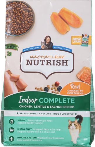 Rachael Ray Nutrish Indoor Complete Premium Natural Dry Cat Food with Added Vitamins, Minerals & Other Nutrients, Chicken with Lentils & Salmon Recipe, 3 Pounds