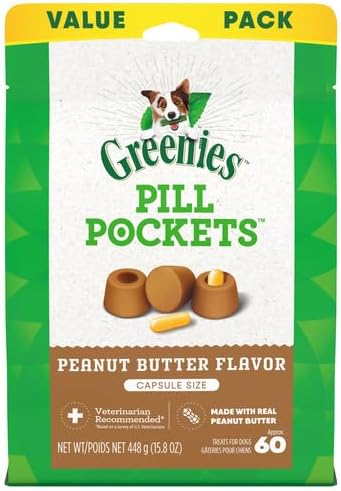 Greenies Pill Pockets for Dogs Capsule Size Natural Soft Dog Treats with Real Peanut Butter, 15.8 oz. Pack (60 Treats)