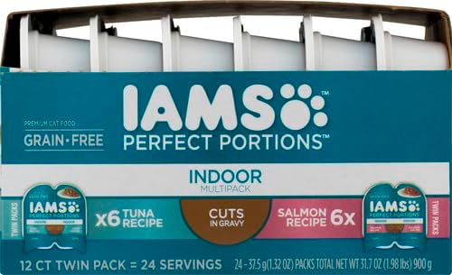 IAMS Perfect Portions Indoor Wet Cat Food with Salmon and Tuna Recipe Variety Pack, Easy Peel Twin-Pack Trays, Pack of 12 (24 Total Servings)