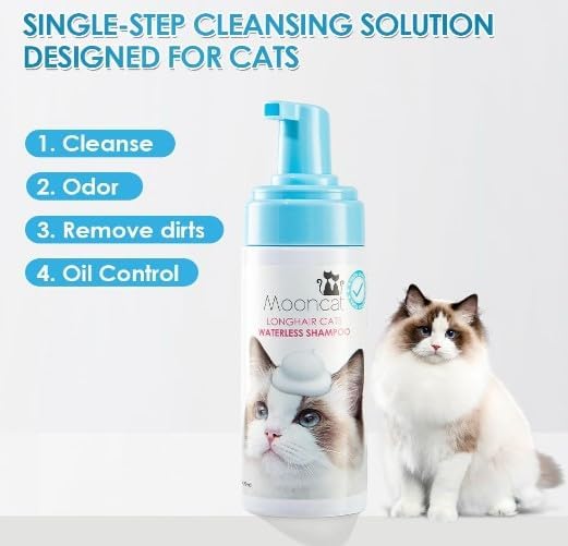 Mooncat Waterless Cat Shampoo and Brush Kit - No Rinse Foam Bath for Long Hair Cats - Grooming for Sensitive Skin, Detangling, Paraben-Free, pH Balanced - Licking Safe (5 oz)