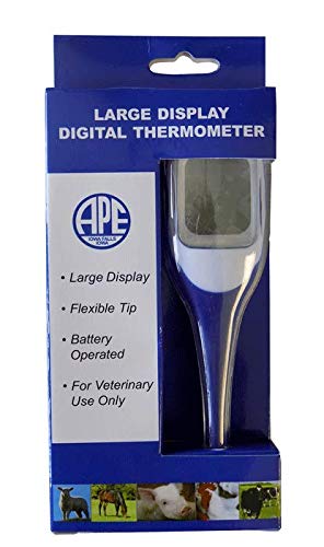 Veterinary Thermometer. Fast, Accurate Temperature Readings for Pets and Livestock. Large Display. Flexible Tip. Beeps When Ready. Memory Recall. Auto Shut-Off. Water and Shock Resistant.