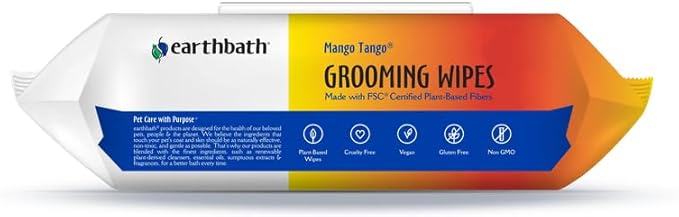 earthbath, Mango Tango Grooming Wipes - Dog Wipes for Paws and Butt, Best Pet Wipes for Dogs & Cats, Made in USA, Cruelty-Free Dog Cleaning Wipes, Removes Dirt & Dander - 100 Count (1 Pack)