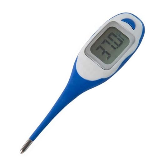Veterinary Thermometer. Fast, Accurate Temperature Readings for Pets and Livestock. Large Display. Flexible Tip. Beeps When Ready. Memory Recall. Auto Shut-Off. Water and Shock Resistant.