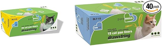Van Ness Pets Drawstring Cat Litter Box Liners, Unscented, Large Size, 36” x 18”, 20 Count & Extra Large Drawstring Cat Litter Box Liners, 15 Count, DL7-15