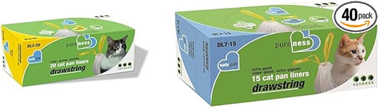 Van Ness Pets Drawstring Cat Litter Box Liners, Unscented, Large Size, 36” x 18”, 20 Count & Extra Large Drawstring Cat Litter Box Liners, 15 Count, DL7-15