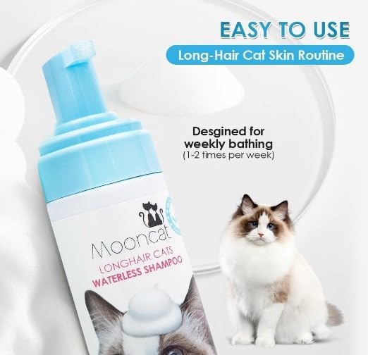 Mooncat Waterless Cat Shampoo and Brush Kit - No Rinse Foam Bath for Long Hair Cats - Grooming for Sensitive Skin, Detangling, Paraben-Free, pH Balanced - Licking Safe (5 oz)