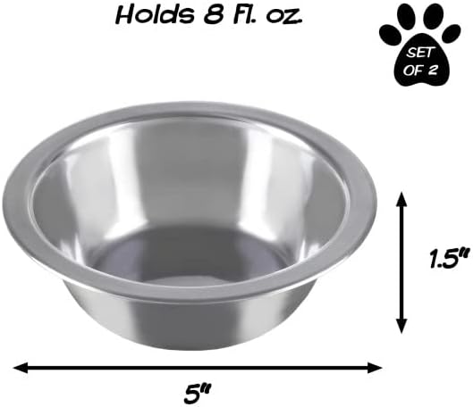 Set of 2 Stainless-Steel Dog Bowls - Cage, Kennel, and Crate Hanging Pet Bowls for Food and Water - 8oz Each and Dishwasher Safe by PETMAKER, Silver