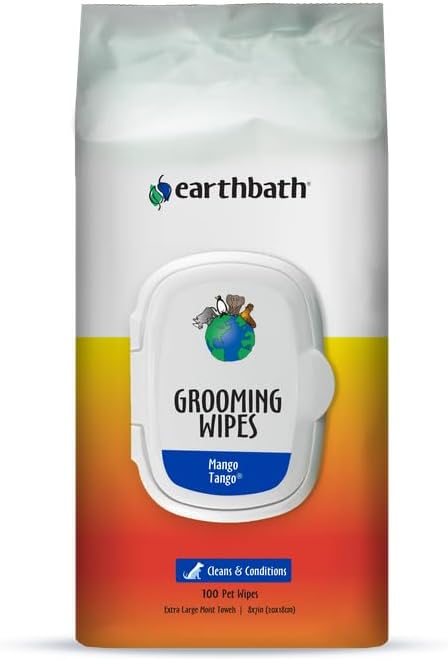 earthbath, Mango Tango Grooming Wipes - Dog Wipes for Paws and Butt, Best Pet Wipes for Dogs & Cats, Made in USA, Cruelty-Free Dog Cleaning Wipes, Removes Dirt & Dander - 100 Count (1 Pack)